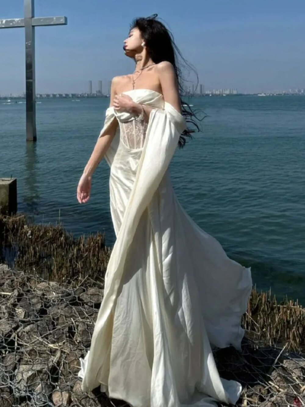 Women Cape Sleeve Off shoulder Maxi Lace Corset Dress White Size US S NEW